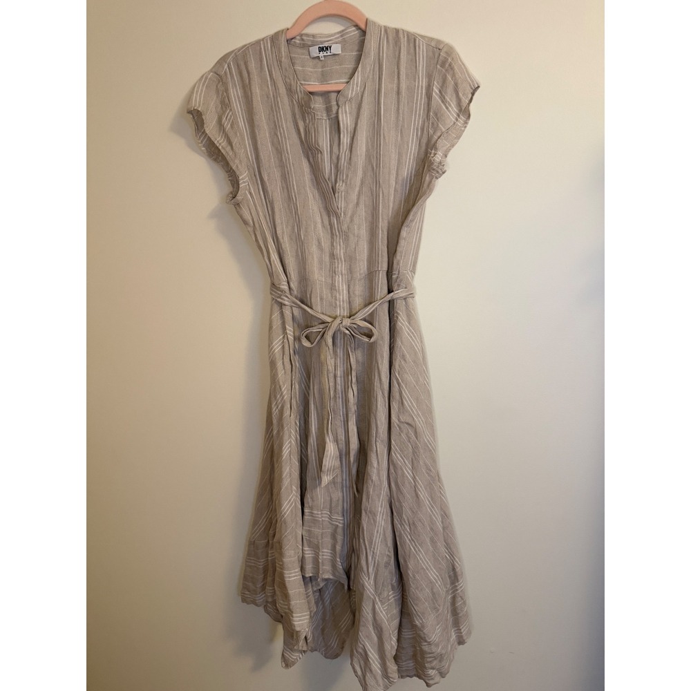 DKNY Pure Womens Beige Striped Linen Blend Tie Waist Handkerchief Hem Dress 6